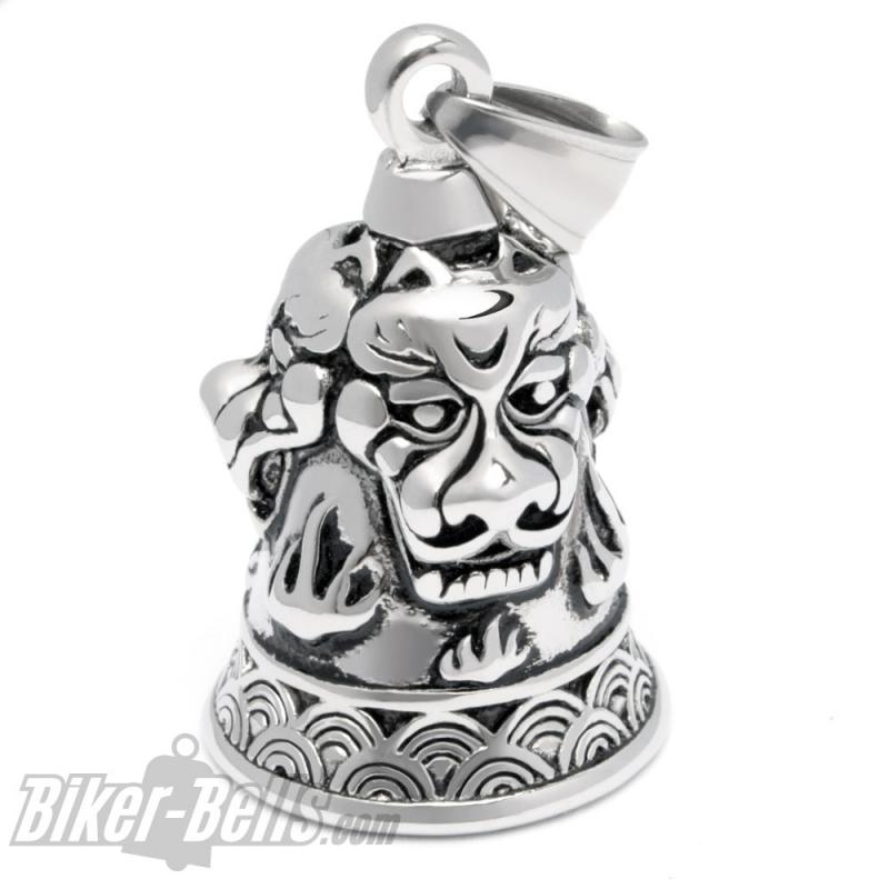 Detaillierte Biker-Bell mit asiatischen Drachenmasken und Flammen aus Edelstahl Ride Bell Detaillierte Biker-Bell mit asiatischen Drachenmasken und Flammen aus Edelstahl Ride Bell